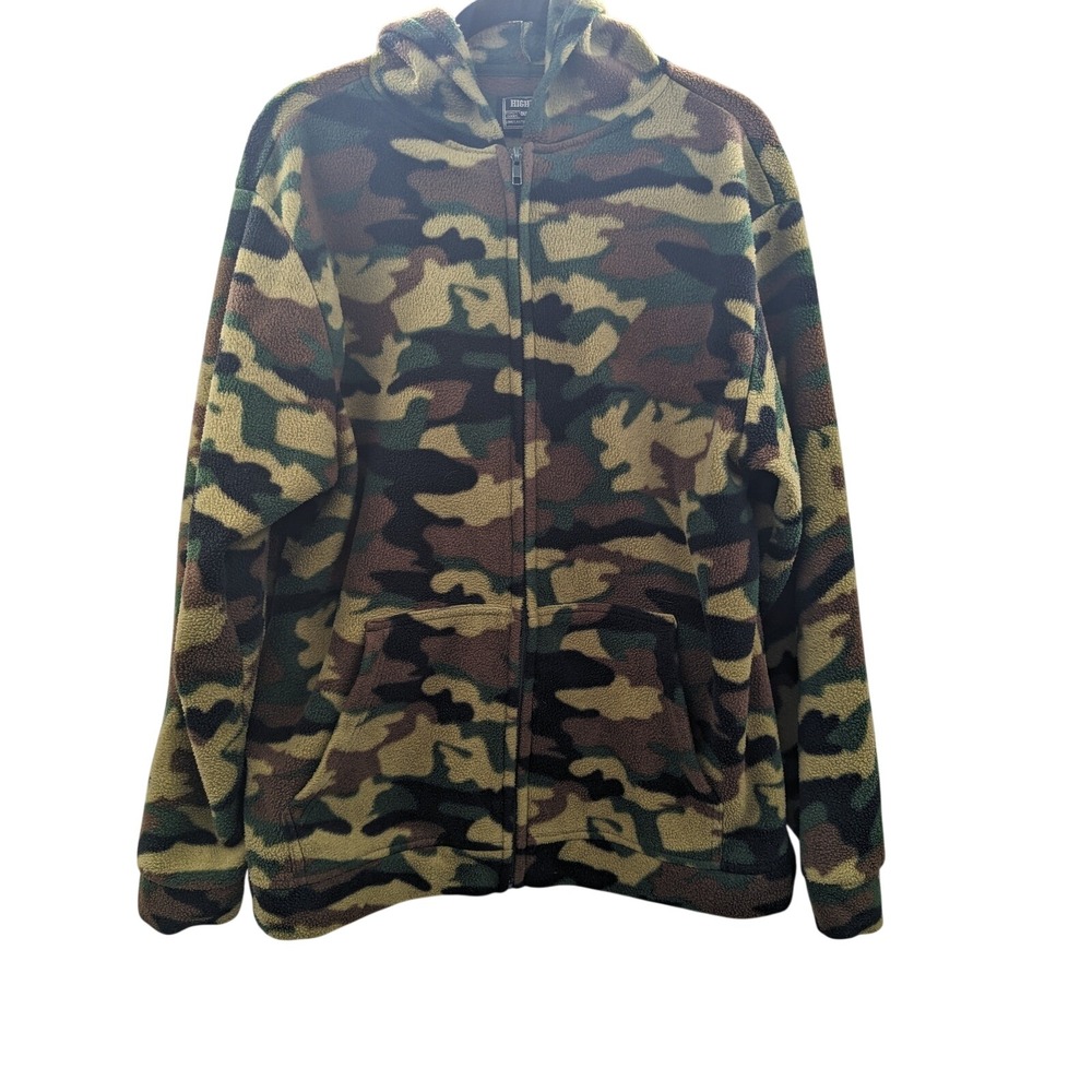 Highland Outfitters Mens Camo Fleece Full Zip Hoodie Jacket Green Brown Large